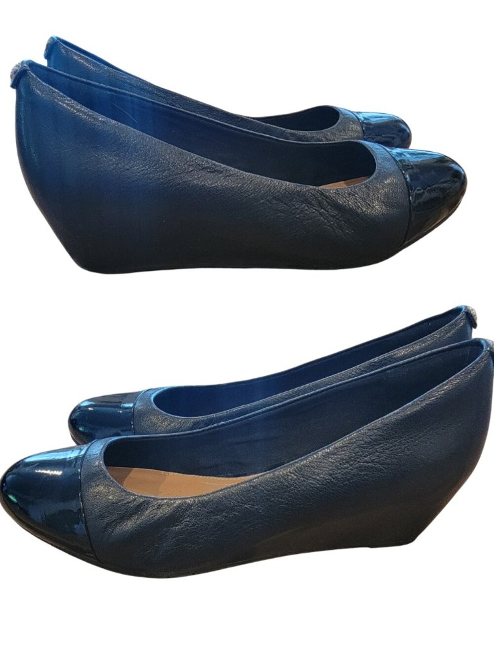 Clarks Vendra Dune Black Leather Covered Wedge Heel Round Toe Pumps